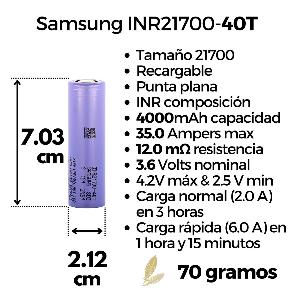Pila Recargable 21700 4000 Mah Corriente Max 45a Samsung